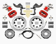 Wilwood five-lug Mini rear MC4 kit layout with red Narrow Dynapro Radial calipers, 12.19-inch drilled-and-slotted rotors, MC4 parking calipers, hats, pads and brackets