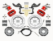 Wilwood five-lug Mini rear MC4 kit layout with red Narrow Dynapro Radial calipers, 12.19-inch GT-slotted rotors, MC4 parking calipers, hats, pads and brackets