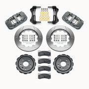 Wilwood Camaro front road-race kit layout with gray anodized AERO6 calipers, 14.00-inch GT-slotted rotors, separate dynamic hats, pads and mounting brackets