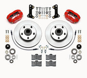 Wilwood GM/Ridetech pin-spindle Dynalite front kit layout with red Forged Dynalite-M calipers, 11.00-inch plain-face rotors, integral rotor/hubs, pads, bearings and brackets