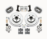 Wilwood GM/Ridetech pin-spindle Dynalite front kit layout with gray anodized Forged Dynalite-M calipers, 11.00-inch plain-face rotors, integral rotor/hubs, pads, bearings and brackets
