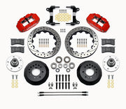 Wilwood 1982–1992 Camaro/Firebird 12.88-inch front kit layout with red Superlite 6R calipers, 12.88-inch drilled-and-slotted rotors, aluminum hats, separate hubs, pads, bearings and mounting hardware
