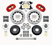 Wilwood 1982–1992 Camaro/Firebird 14-inch front kit layout with red Superlite 6R calipers, 14.00-inch drilled-and-slotted rotors, aluminum hats, separate hubs, pads, bearings and mounting hardware