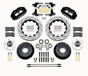 Wilwood 1982–1992 Camaro/Firebird 14-inch front kit layout with black Superlite 6R calipers, 14.00-inch drilled-and-slotted rotors, aluminum hats, separate hubs, pads, bearings and mounting hardware