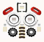 Wilwood six-lug 4WD F-150 front kit layout with red TX6R calipers, 15.50-inch GT-slotted rotors, aluminum hats, pads and mounting brackets