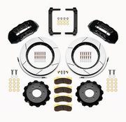 Wilwood six-lug 4WD F-150 front kit layout with black TX6R calipers, 15.50-inch GT-slotted rotors, aluminum hats, pads and mounting brackets