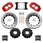 Wilwood C10 modular Pro Drop Superlite 14-inch front kit layout with red Superlite 6R calipers, 14.00-inch drilled-and-slotted rotors, aluminum hats, pads and mounting brackets