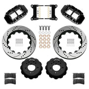 Wilwood C10 modular Pro Drop Superlite 14-inch front kit layout with black Superlite 6R calipers, 14.00-inch drilled-and-slotted rotors, aluminum hats, pads and mounting brackets