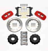 Wilwood C10 modular Pro Drop AERO6 front kit layout with red AERO6 calipers, 14.00-inch GT-slotted rotors, aluminum hats, pads and mounting brackets