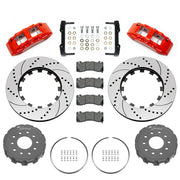 Wilwood Corvette/XLR or Ridetech hub-spindle 14-inch front kit layout with red SX6R calipers, 14.00-inch drilled-and-slotted rotors, lug-drive hats, retaining rings, pads and brackets