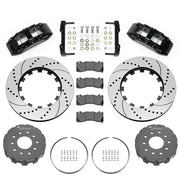 Wilwood Corvette/XLR or Ridetech hub-spindle 14-inch front kit layout with black SX6R calipers, 14.00-inch drilled-and-slotted rotors, lug-drive hats, retaining rings, pads and brackets