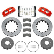 Wilwood Corvette/XLR or Ridetech hub-spindle 14-inch front kit layout with red SX6R calipers, 14.00-inch GT-slotted rotors, lug-drive hats, retaining rings, pads and brackets