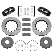 Wilwood Corvette/XLR or Ridetech hub-spindle 14-inch front kit layout with black SX6R calipers, 14.00-inch GT-slotted rotors, lug-drive hats, retaining rings, pads and brackets