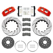 Wilwood Corvette/XLR or Ridetech hub-spindle 15-inch front kit layout with red SX6R calipers, 15.00-inch drilled-and-slotted rotors, lug-drive hats, retaining rings, pads and brackets
