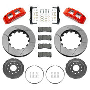 Wilwood Corvette/XLR or Ridetech hub-spindle 15-inch front kit layout with red SX6R calipers, 15.00-inch GT-slotted rotors, lug-drive hats, retaining rings, pads and brackets
