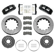 Wilwood Corvette/XLR or Ridetech hub-spindle 15-inch front kit layout with black SX6R calipers, 15.00-inch GT-slotted rotors, lug-drive hats, retaining rings, pads and brackets