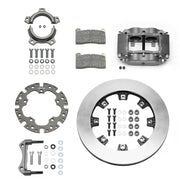 Wilwood sprint rear kit laid out with a gray four-piston caliper, plain-face vented iron rotor, splined axle clamp, adapter, pads and bracket