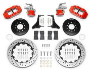 Wilwood red Detroit Speed Corvette rear kit with Superlite service and separate MC4 parking calipers, drilled-and-slotted rotor rings, hats, pads and brackets