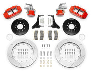 Wilwood red Detroit Speed Corvette rear kit with Superlite service and separate MC4 parking calipers, slotted rotor rings, hats, pads and brackets