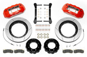 Wilwood red Ram HD front kit laid out with slotted rotor rings, separate hats, braided hoses, calipers, pads and mounting brackets