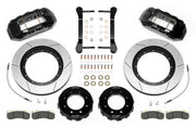 Wilwood black Ram HD front kit laid out with slotted rotor rings, separate hats, braided hoses, calipers, pads and mounting brackets