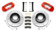 Wilwood red Ram SRW rear kit laid out with slotted integral parking-hat rotors, braided hoses, pads and brackets