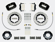 Wilwood black Series I Jaguar front kit laid out with drilled-and-slotted rotor rings, separate hats, braided hoses, calipers, pads and mounting brackets