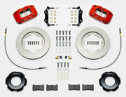 Wilwood red Series I Jaguar front kit laid out with plain-face rotor rings, separate hats, braided hoses, calipers, pads and mounting brackets