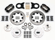 Wilwood black 1970–1974 Ford/Mercury spindle kit laid out with drilled-and-slotted rotor rings, aluminum hubs, rotor adapters, bearings, seals, pads and brackets