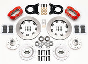 Wilwood red 1970–1974 Ford/Mercury spindle kit laid out with plain-face rotor rings, aluminum hubs, rotor adapters, bearings, seals, pads and brackets