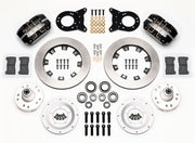 Wilwood black 1970–1974 Ford/Mercury spindle kit laid out with plain-face rotor rings, aluminum hubs, rotor adapters, bearings, seals, pads and brackets