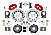 Wilwood red early Ford V8 spindle kit with drilled-and-slotted rotor rings, separate hats, hubs, bearings, seals, pads and mounting brackets