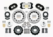 Wilwood black early Ford V8 spindle kit with drilled-and-slotted rotor rings, separate hats, hubs, bearings, seals, pads and mounting brackets