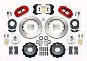 Wilwood red early Ford V8 spindle kit with slotted rotor rings, separate hats, hubs, bearings, seals, pads and mounting brackets