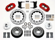 Wilwood red GM/Ridetech pin-spindle front kit with drilled-and-slotted rotor rings, separate hats, hubs, bearings, seals, pads and mounting brackets