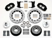 Wilwood black GM/Ridetech pin-spindle front kit with drilled-and-slotted rotor rings, separate hats, hubs, bearings, seals, pads and mounting brackets
