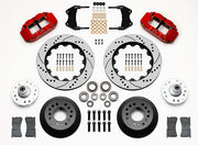 Wilwood red ProSpindle front kit with drilled-and-slotted rotor rings, separate hats, hubs, bearings, seals, pads and mounting brackets