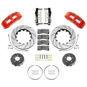 Wilwood red fifth-generation Camaro 14-inch front package with drilled-and-slotted dynamic lug-drive rotor rings, gray hats, retaining hardware, pads and brackets