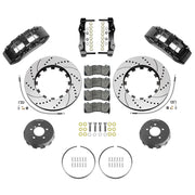Wilwood black fifth-generation Camaro 14-inch front package with drilled-and-slotted dynamic lug-drive rotor rings, gray hats, retaining hardware, pads and brackets