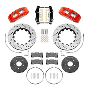 Wilwood red fifth-generation Camaro 15-inch front package with drilled-and-slotted dynamic lug-drive rotor rings, gray hats, retaining hardware, pads and brackets