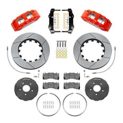 Wilwood red fifth-generation Camaro 15-inch front package with slotted dynamic lug-drive rotor rings, gray hats, retaining hardware, pads and brackets