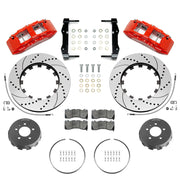 Wilwood red sixth-generation Camaro 14-inch front package with drilled-and-slotted dynamic lug-drive rotor rings, gray hats, retaining hardware, pads and brackets
