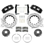 Wilwood black sixth-generation Camaro 14-inch front package with drilled-and-slotted dynamic lug-drive rotor rings, gray hats, retaining hardware, pads and brackets