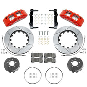 Wilwood red sixth-generation Camaro 14-inch front package with slotted dynamic lug-drive rotor rings, gray hats, retaining hardware, pads and brackets