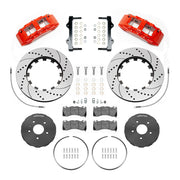 Wilwood red sixth-generation Camaro 15-inch front package with drilled-and-slotted dynamic lug-drive rotor rings, gray hats, retaining hardware, pads and brackets