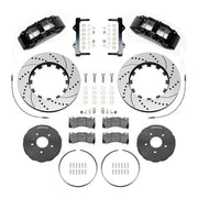 Wilwood black sixth-generation Camaro 15-inch front package with drilled-and-slotted dynamic lug-drive rotor rings, gray hats, retaining hardware, pads and brackets