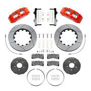 Wilwood red sixth-generation Camaro 15-inch front package with slotted dynamic lug-drive rotor rings, gray hats, retaining hardware, pads and brackets