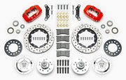 Wilwood red early A-body 11-inch front kit laid out with drilled-and-slotted rotor rings, aluminum hubs, rotor adapters, bearings, seals, pads and brackets