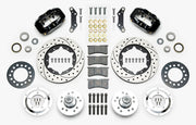 Wilwood black early A-body 11-inch front kit laid out with drilled-and-slotted rotor rings, aluminum hubs, rotor adapters, bearings, seals, pads and brackets