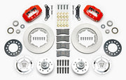 Wilwood red early A-body 11-inch front kit laid out with plain-face rotor rings, aluminum hubs, rotor adapters, bearings, seals, pads and brackets